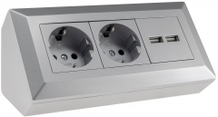 2-fach Steckdosenblock + 2x USB, silber